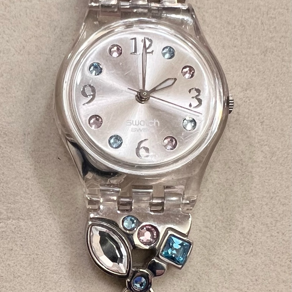 Swatch Silver Watch encrusted with Blue and Pink Swarovski crystals
